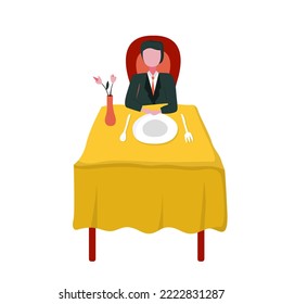 Vector illustration of a man having dinner,lunch,breakfast alone. Waiting for his date at dinner table