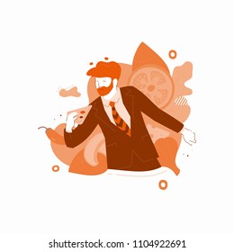 Vector illustration of a man having fun with slice of pizza. Dynamic flat design of fast food for mobile app, web, delivery banner.