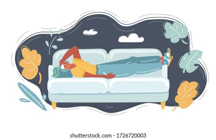 Vector illustration of man having headache, lying on sofa