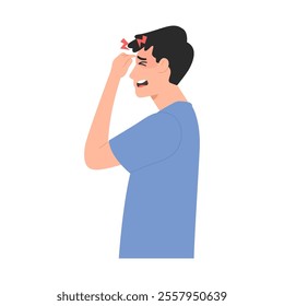 Vector illustration of a man having a headache, migraine, pain head, or skull ache. Throbbing, pulsating, intense to very severe.
