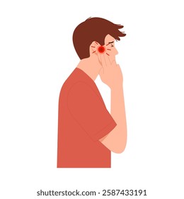 Vector illustration of a man having problems with his ears, hearing loss, deafness, and sensitivity to noise. Suffering from noise disturbance due to loud noise.