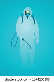 Vector illustration of a man in hazmat suit spraying disinfectant to cleaning and disinfect virus, Covid-19, Coronavirus, preventive measure