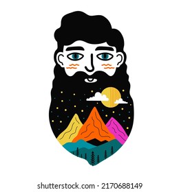 Ilustración vectorial con cabeza de hombre, montañas abstractas de color, nubes y pinos. Diseño de impresión a la moda, plantilla de tarjetas de felicitación, afiche de decoración doméstica