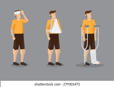 Vector illustration of man with head bandage, arm sling and leg plaster cast with crutch isolated on grey background.