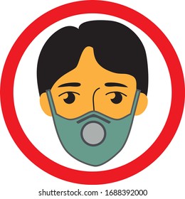Vector illustration of man head in medical face mask in round frame. Sign to use mask for everyone. Personal safety to protect against the virus. Respirator on human face.
