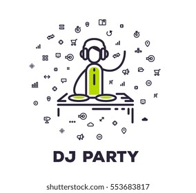 Vector illustration of a man in headphones at dj station on white background with icon cloud. Corporate dj party creative linear concept. Flat line art style design for web, site, banner, poster