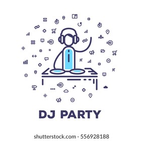 Vector illustration of a man in headphones at dj station on white background with icon cloud. Corporate dj party creative linear concept. Flat line art style design for web, site, banner, poster