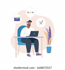 Vektorillustration-Illustration von Menschen mit Kopfhörer, die mit Laptop arbeiten