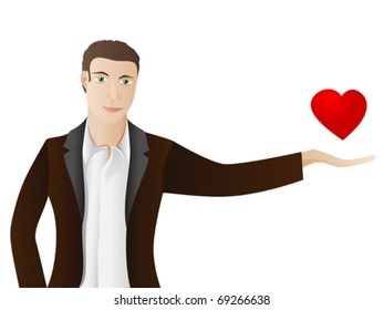 vector illustration of man with hearts soaring above his hand