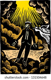 Vector illustration of man in heaven