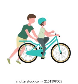 Vector illustration of man helping boy to practice cycling.