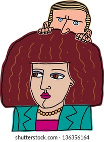 Vector illustration of a man hiding behind a woman