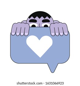 Vector illustration of a man hiding behind a like sign or social media button. The bubble with heart. The concept of new follower counter, notification symbol, like icon for smm, ui, web design.