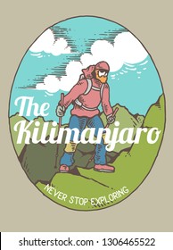 Vector illustration of a man hiking on the mountain with beautiful scenery view