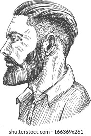 Vector illustration of man hipster with beard side portrait. Abstract male face in profile. Side-view of bearded businessman avatar. Vintage hand drawn style.