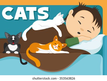 Vector illustration. A man and his cats sleeping on the couch.