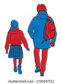 Vector illustration of a man with his daughter walking outdoors together