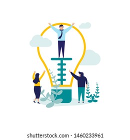 Vector illustration. A man and his friend are in a large light bulb. Infographic, web, landing page, print