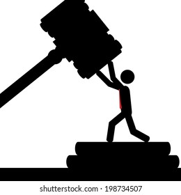 Vector / illustration. A man is hit with a court hammer.