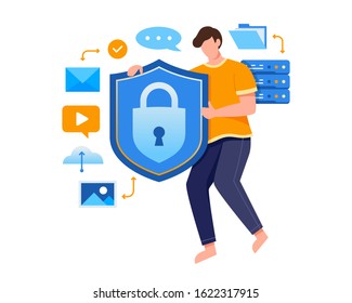 Vector illustration Man hold shield with padlock inside. Concept of data security technology flat vector illustration