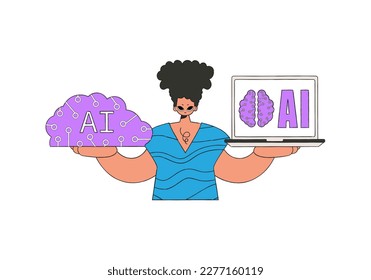 Vector illustration of a man holding an AI brain.