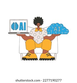 Ilustración vectorial de un hombre que sostiene un cerebro de IA.