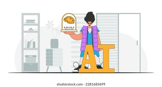 Vector illustration of man holding AI brain in stylish fashion.