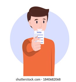 Vector illustration: man is holding ballot. Election concept.