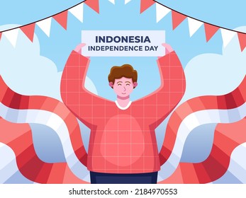 Vector illustration of a man holding a banner celebrating Indonesia's Independence Day on 17 august, with happy. 
Cartoon Illustration, Indonesia Independence Day.
Can be use for poster, banner, web