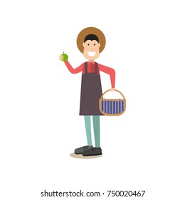 Vector illustration of man holding basket full of blueberries in one hand and apple in the other. Blueberry hunting season concept flat style design element, icon isolated on white background.