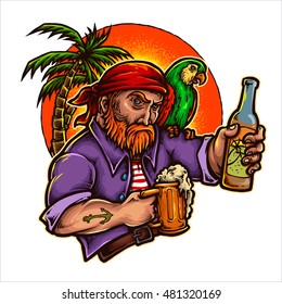 vector illustration of man holding beers with parrot on his shoulder and sunset background