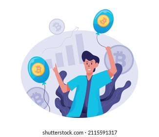 Vector illustration man holding bitcoin balloon cryptocurrency with infographic background.