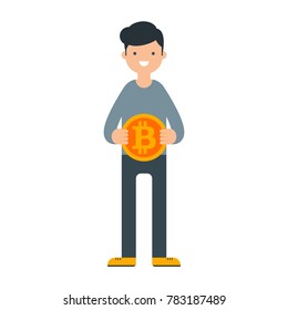 Vector illustration of a man holding bitcoin