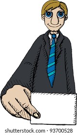 Vector illustration of man holding blank business card