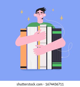 Vector illustration of a man holding books in his hands and listening or reading them online. Character for banner, flyer or article template. World book day or international literacy day.