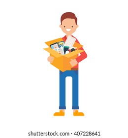 Vector illustration of a man holding a box of electronic gadgets