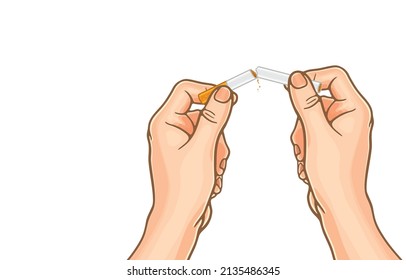 Vector illustration of man holding broken cigarette,crushing, breaking,quitting smoking,copy space,on white.Health benefits,Good health without smoking,Smoking is bad for your health and loved ones.