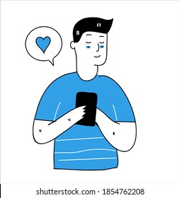 Vector Illustration of Man holding cellphone and chat bubble with heart on it.handrawn style.vector illustration