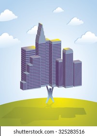 Vector illustration of man holding a city. Concept illustration referring to confidence in one man, or one man being able to get the job done no matter how impossible it would be.