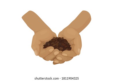 Imagen vectorial de un hombre sosteniendo granos de café en las palmas de sus manos en un estilo de caricatura. Especialista en tecnología de café, tostadas y preparación