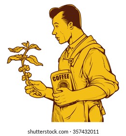 vector illustration of man holding coffee tree branch. vintage ink drawing