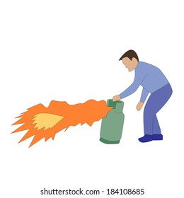Vector illustration man holding danger gas bottle