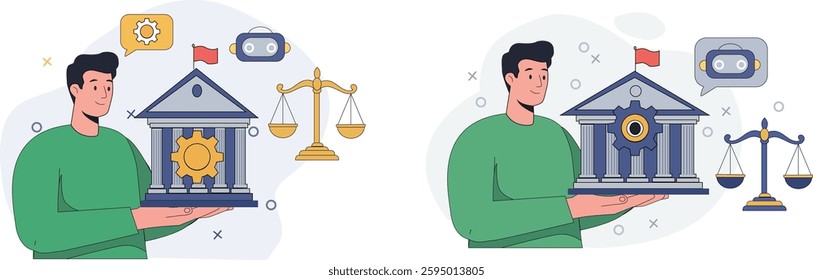 Vector illustration of a man holding a financial institution with legal scales, symbolizing banking regulations, economic law, financial security, and corporate governance.

