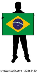 vector illustration of a  man holding a flag of brazil