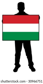 vector illustration of a  man holding a flag of hungary