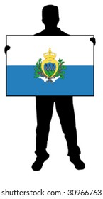 vector illustration of a  man holding a flag of san marino