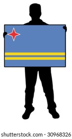 vector illustration of a  man holding a flag of aruba