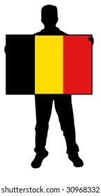 vector illustration of a  man holding a flag of belgium
