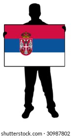 vector illustration of a  man holding a flag of serbia