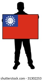 vector illustration of a man holding a flag of myanmar